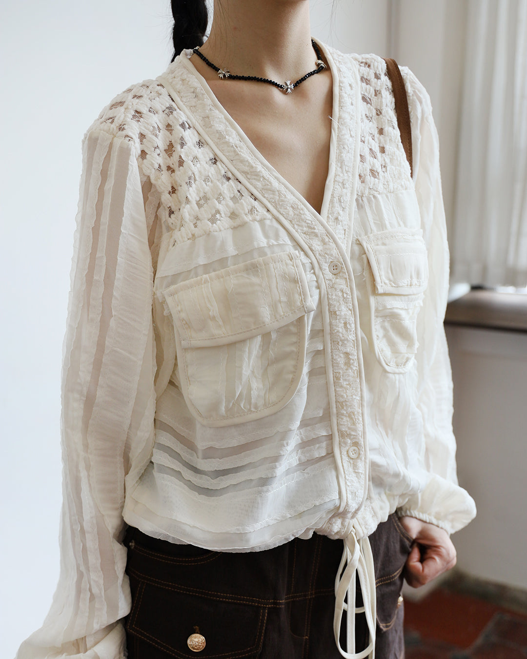 Mix Fabric Drawstring Top (2 Colors)