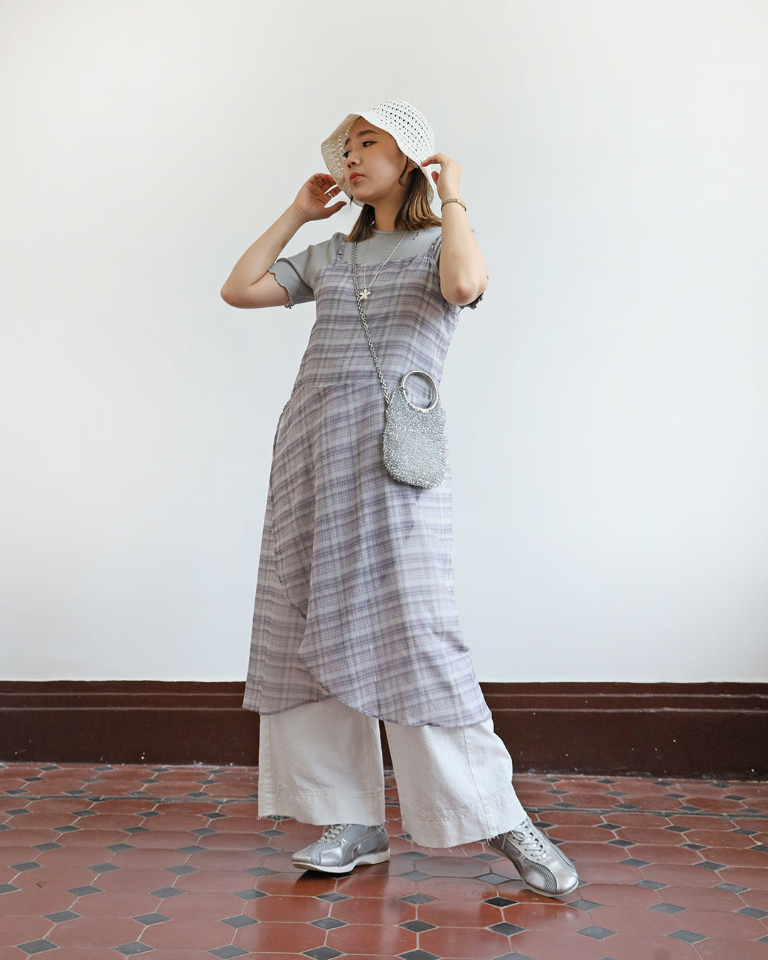 Checker Chiffon Layer Cami Dress
