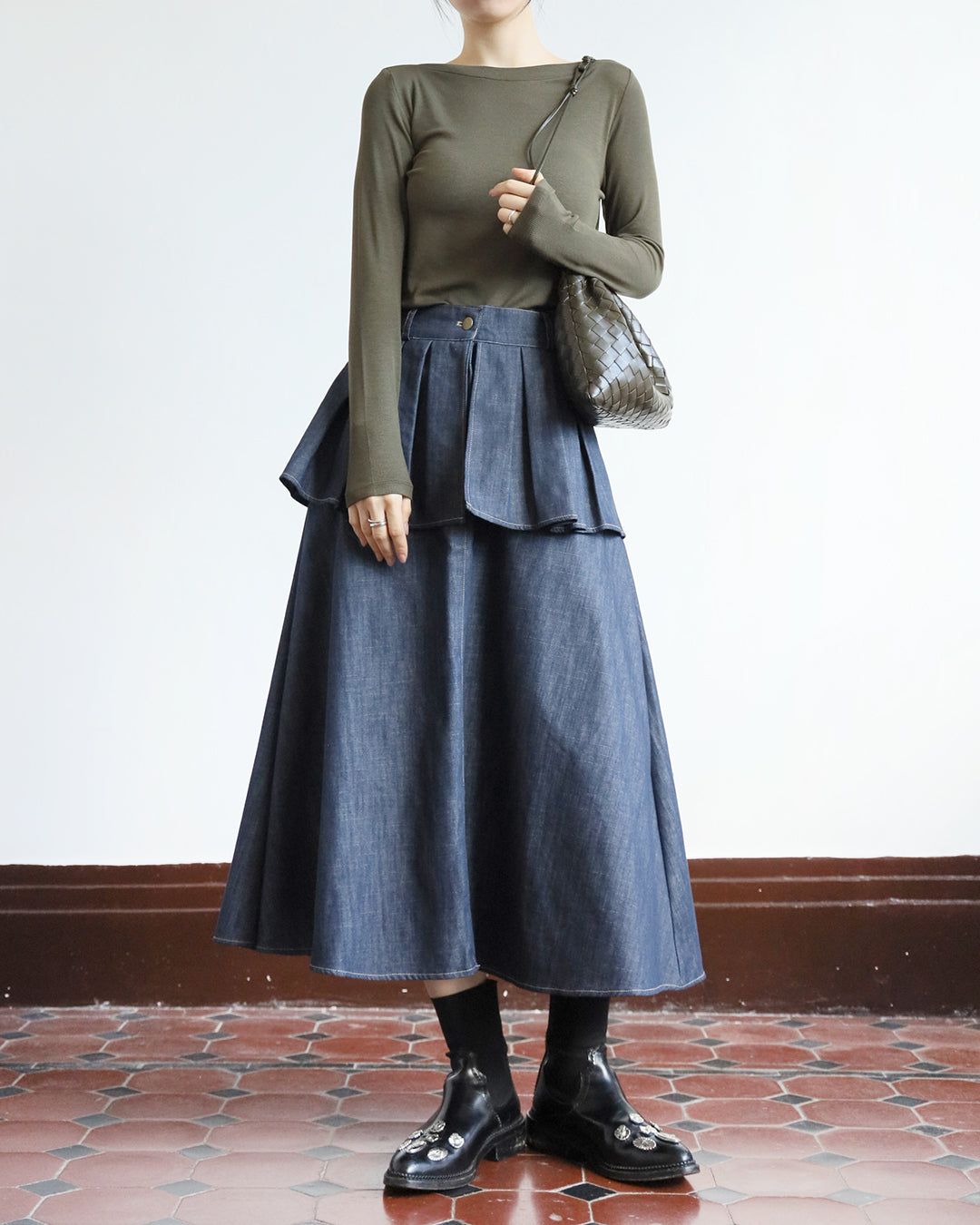 Pleated Layer Denim Skirt (2 color)