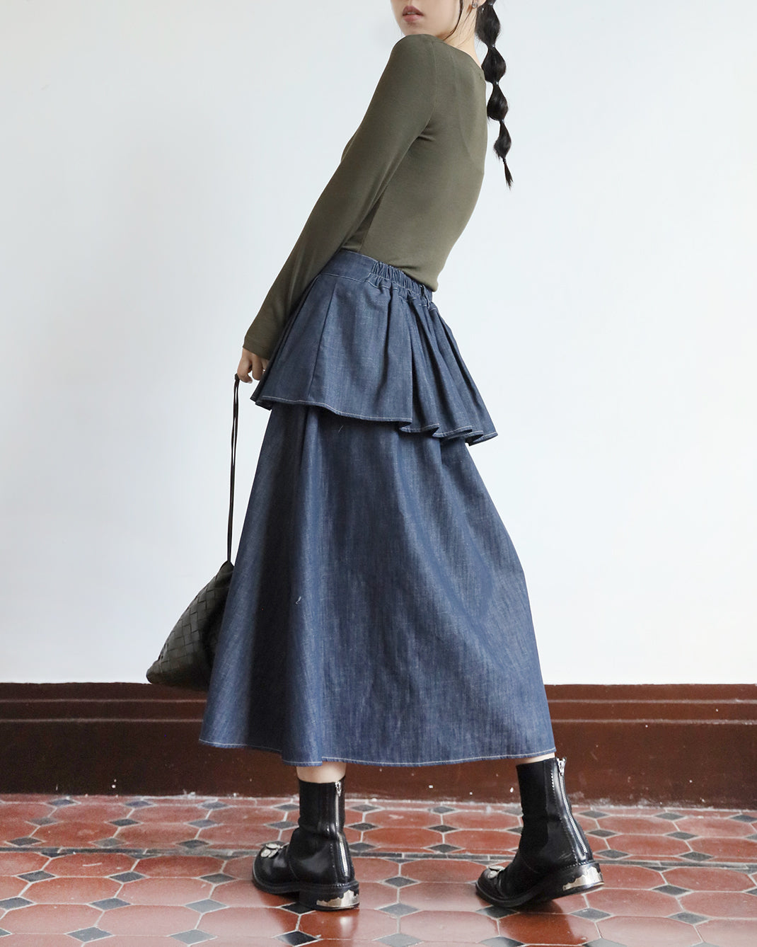 Pleated Layer Denim Skirt (2 color)