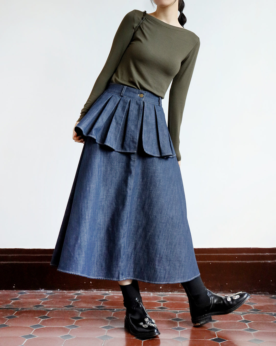 Pleated Layer Denim Skirt (2 color)