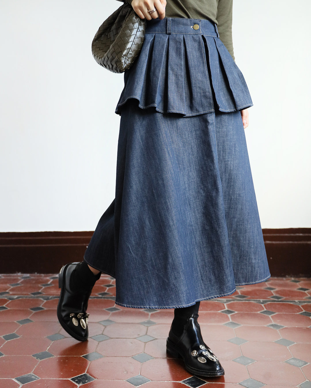Pleated Layer Denim Skirt (2 color)