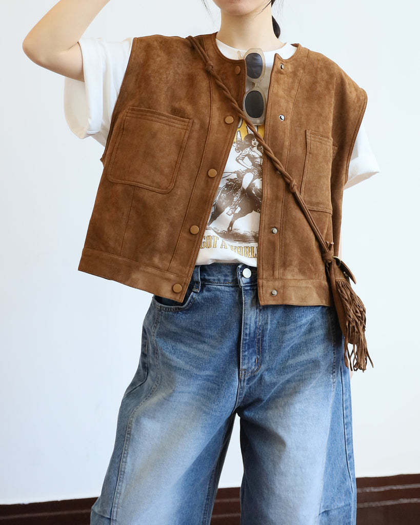 Faux Suede Vest + Tassel Bag (Set) (2 color)