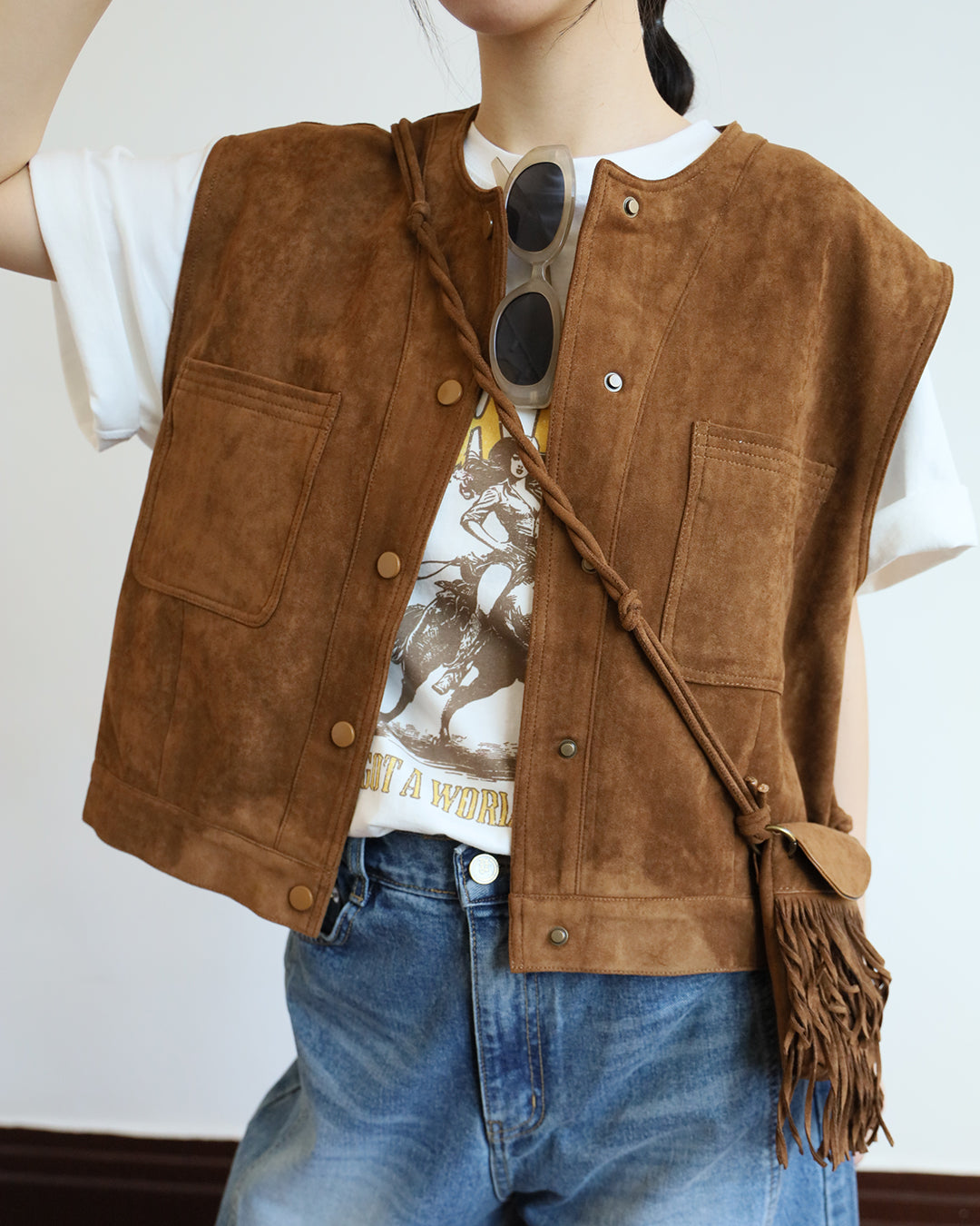 Faux Suede Vest + Tassel Bag (Set) (2 color)