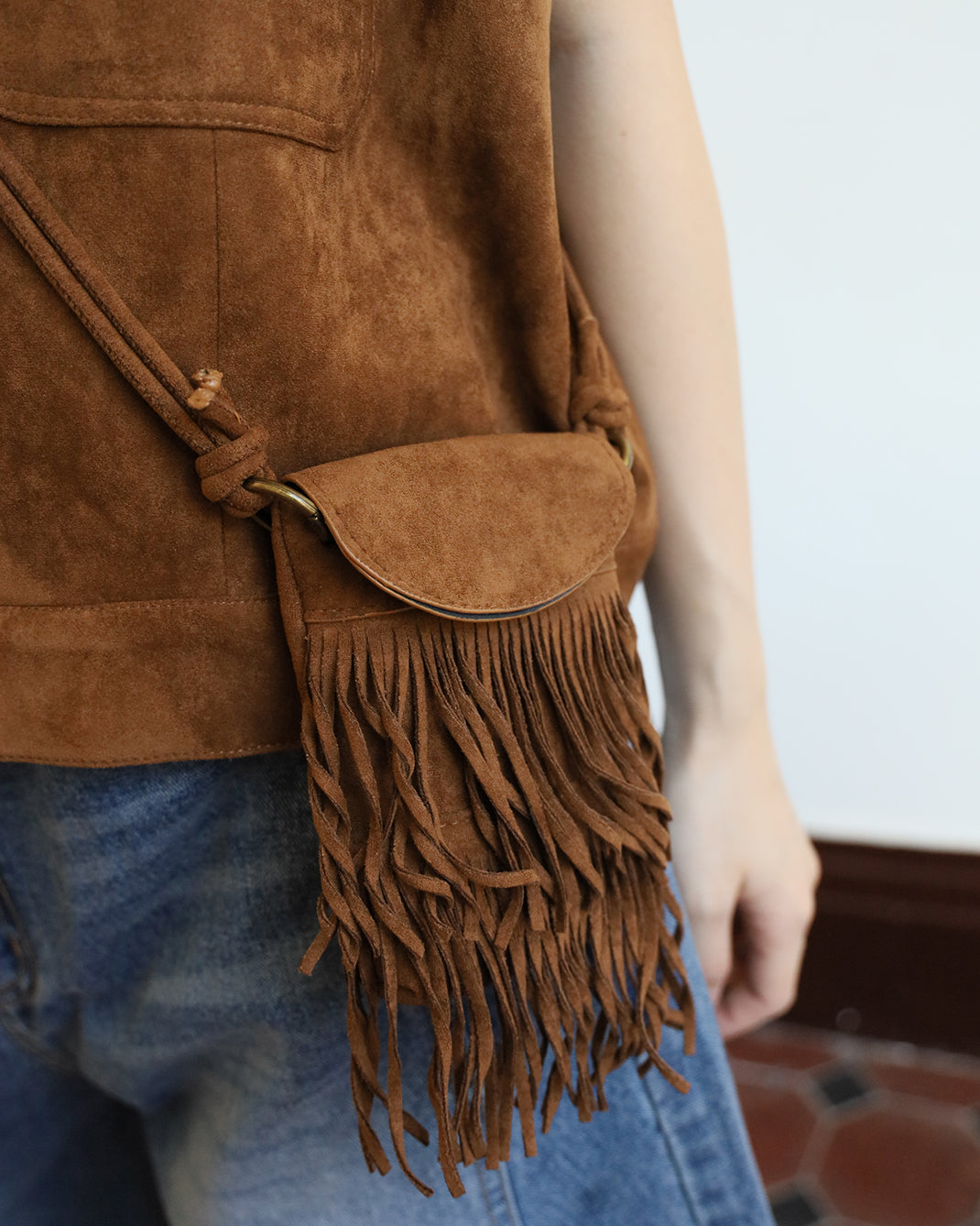 Faux Suede Vest + Tassel Bag (Set) (2 color)
