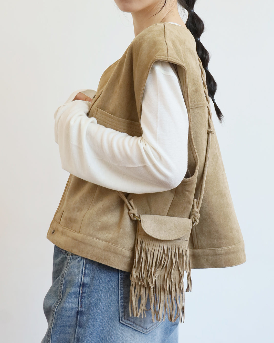 Faux Suede Vest + Tassel Bag (Set) (2 color)