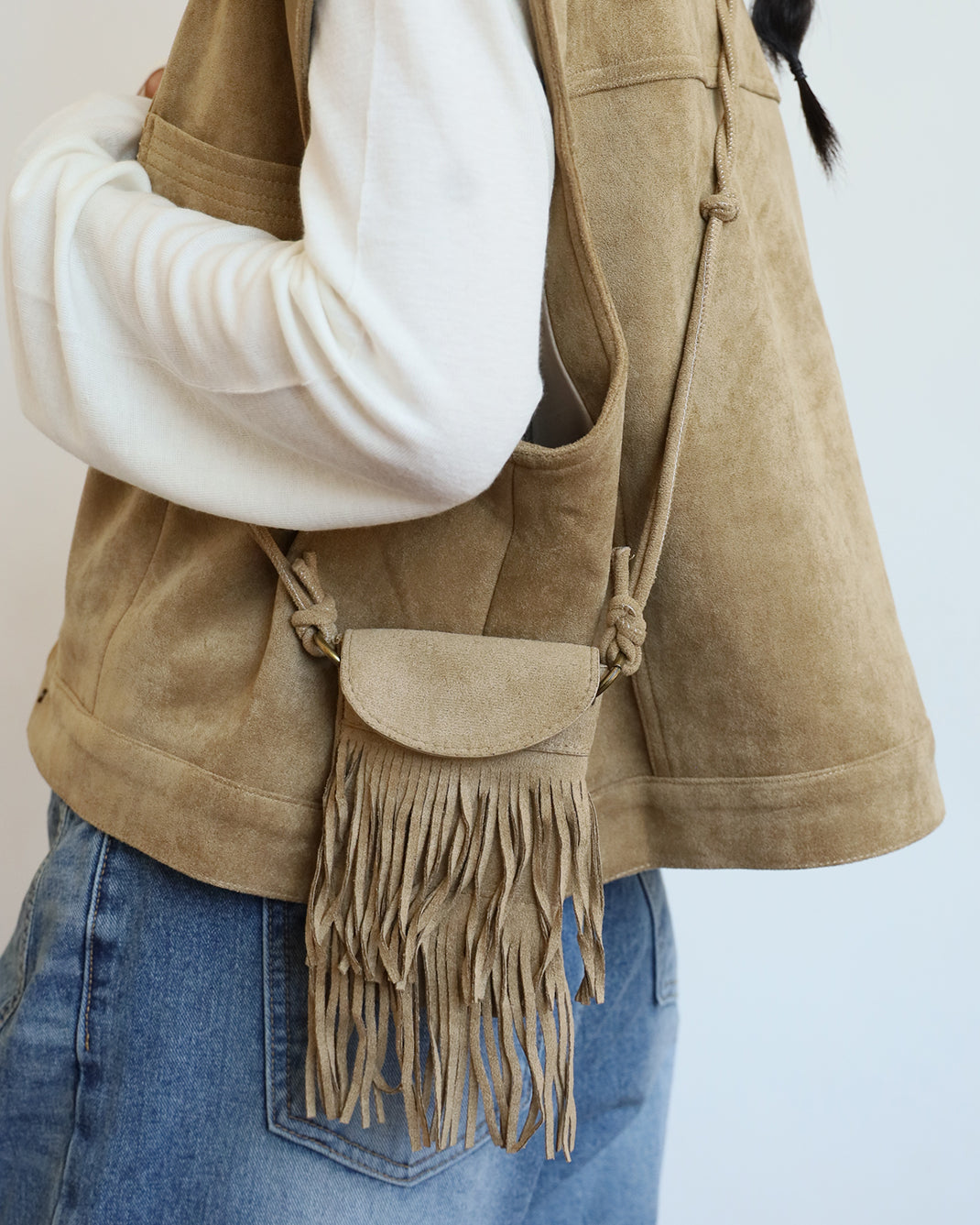 Faux Suede Vest + Tassel Bag (Set) (2 color)
