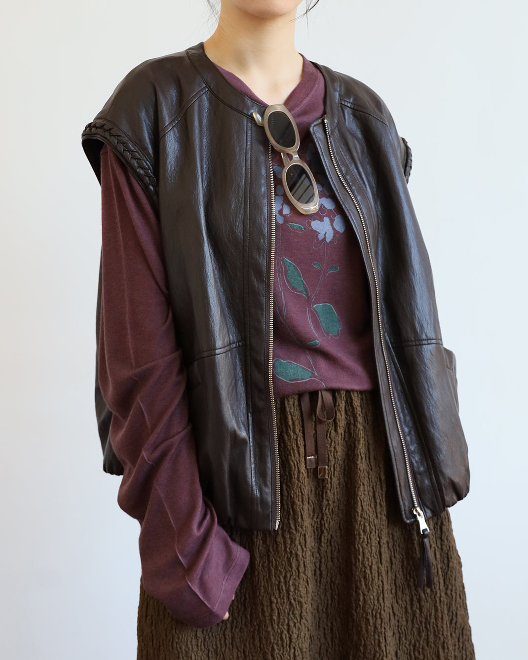 Braid Trim Faux Leather Vest (2 color)