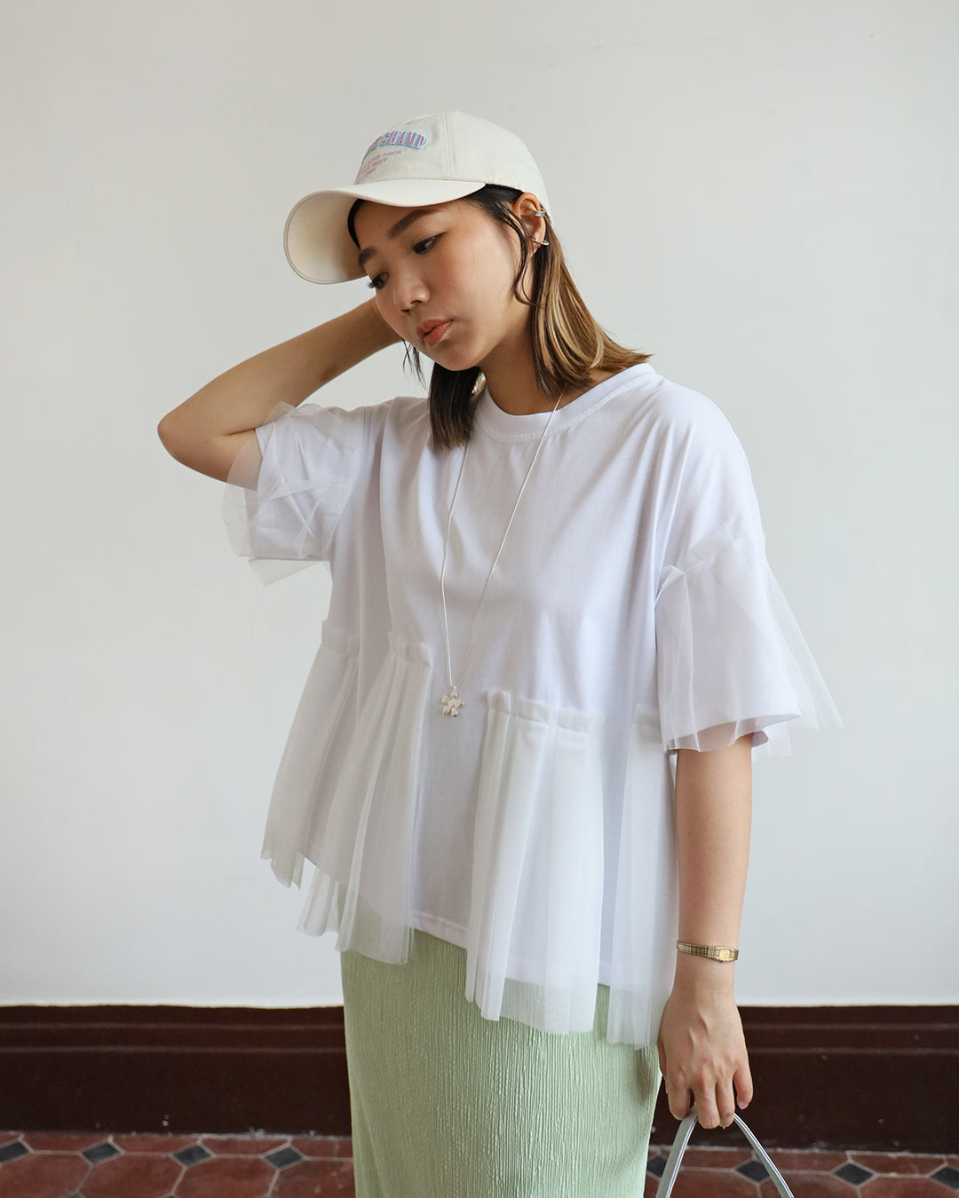 Mesh Pleated Hem Tee (3 color)