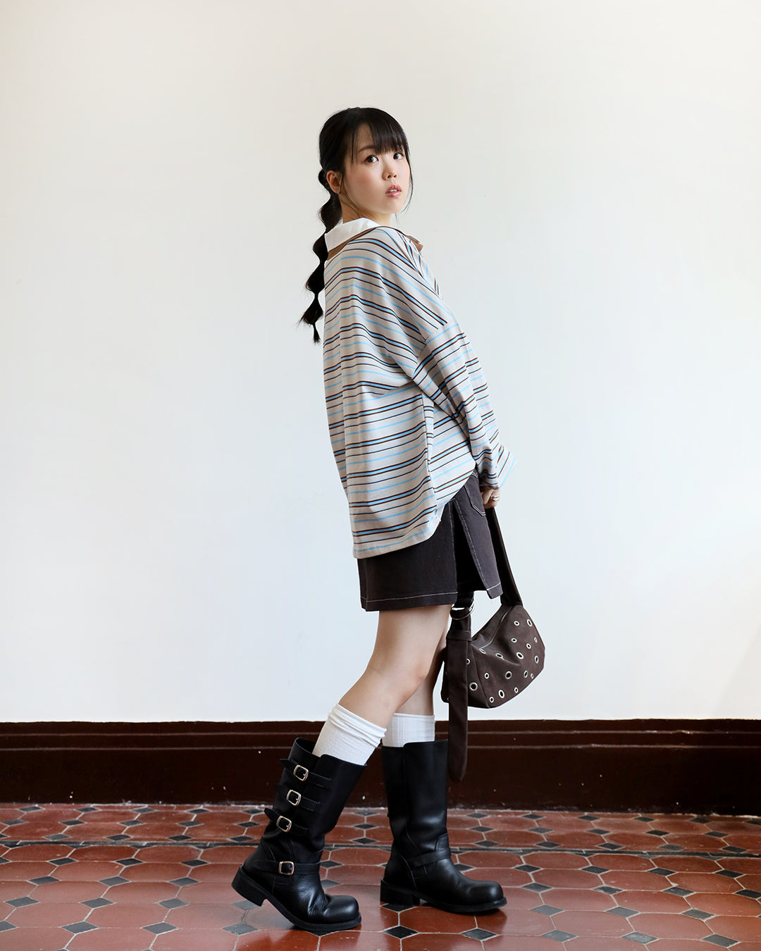 Double Collar Striped Polo Shirt (2 color)