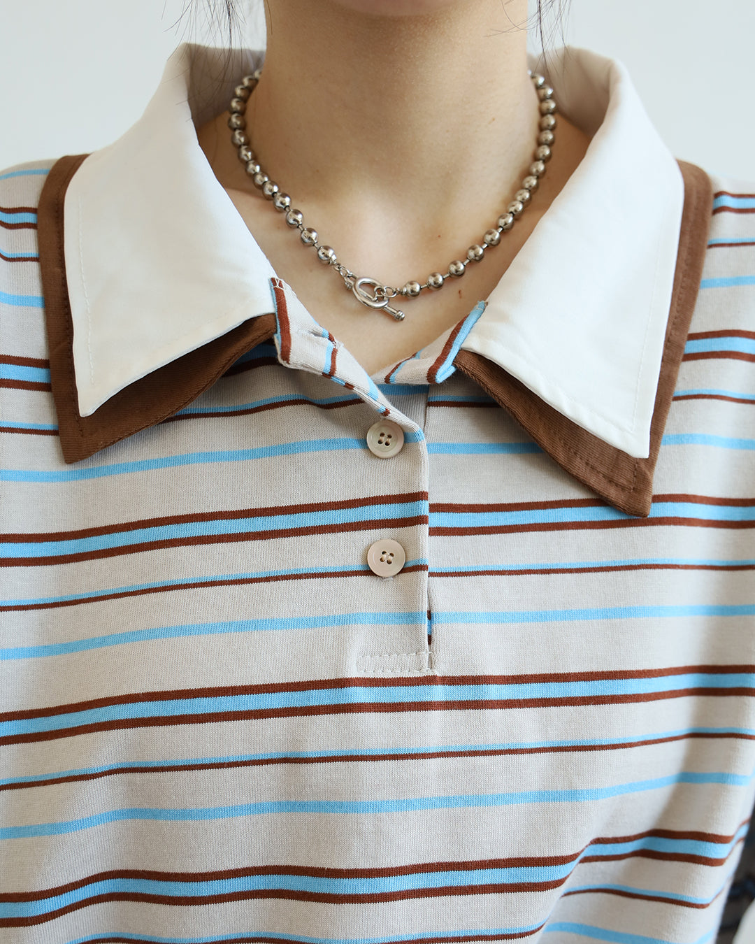 Double Collar Striped Polo Shirt (2 color)