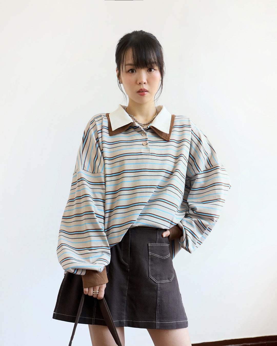 Double Collar Striped Polo Shirt (2 color)