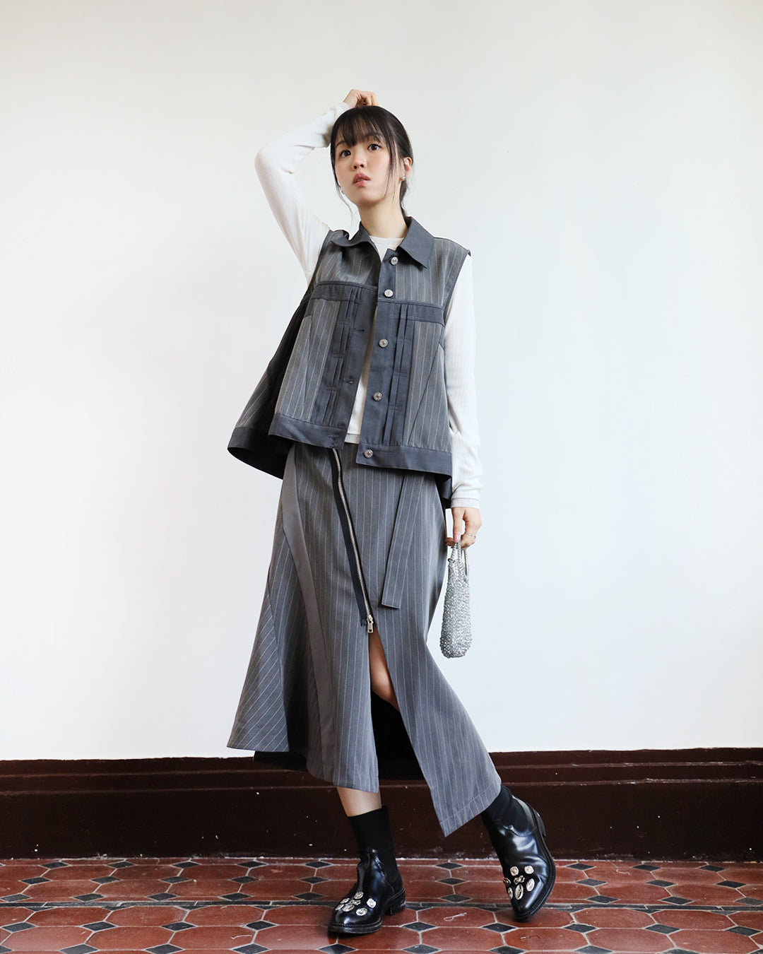 Asymmetric Pinstriped Skirt