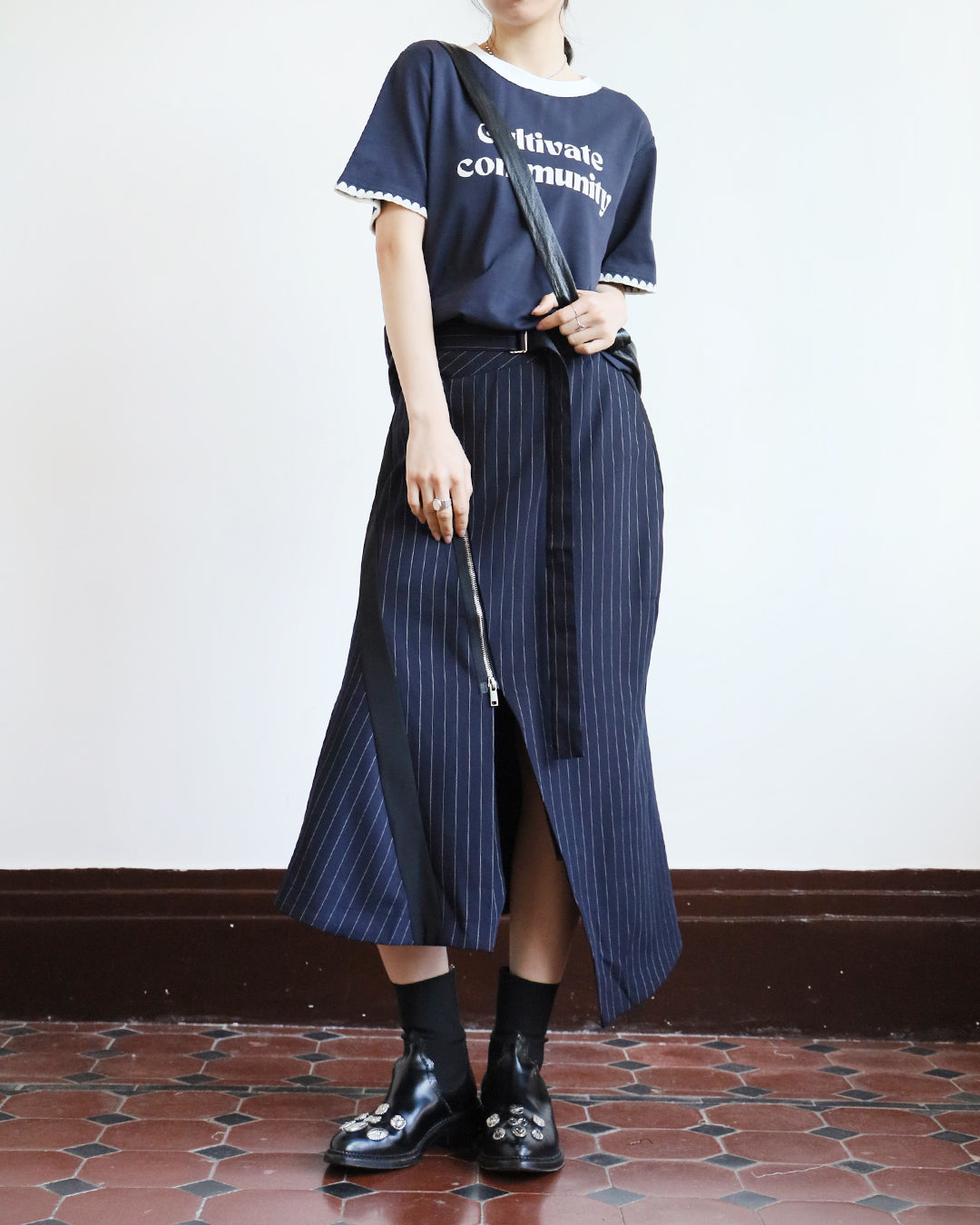 Asymmetric Pinstriped Skirt