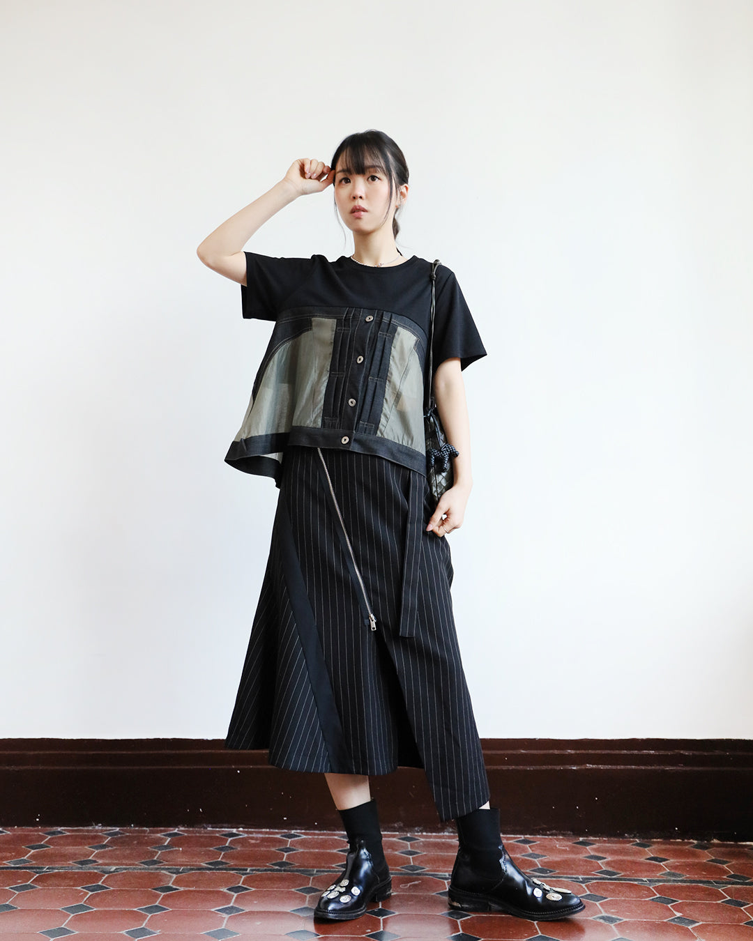 Asymmetric Pinstriped Skirt