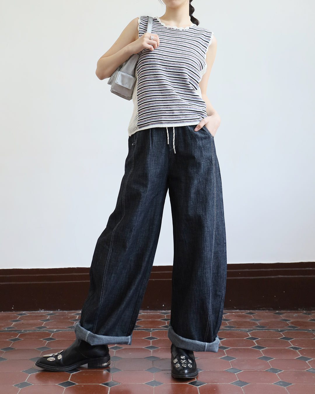 Mix Fabric Striped Vest (2 color)