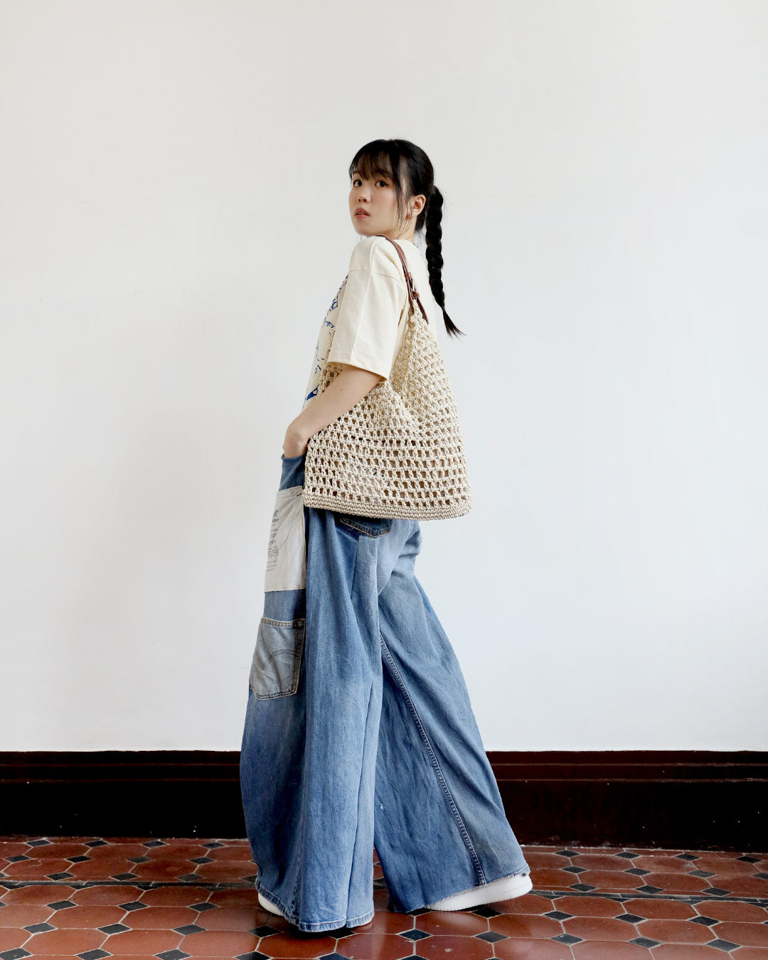 Leather Handle Raffia Tote Bag