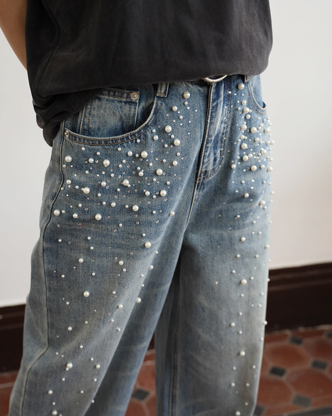 Faux Crystal & Pearls Embellished Jeans (Size S - L)