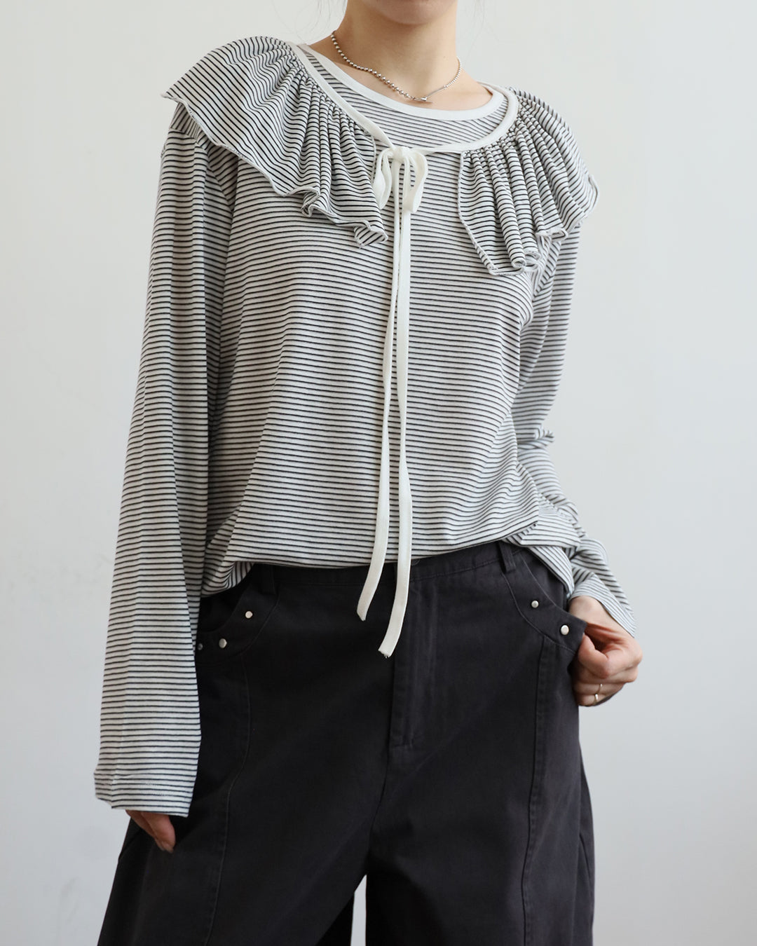 Ruffle Collar Striped Top (2 Colors)
