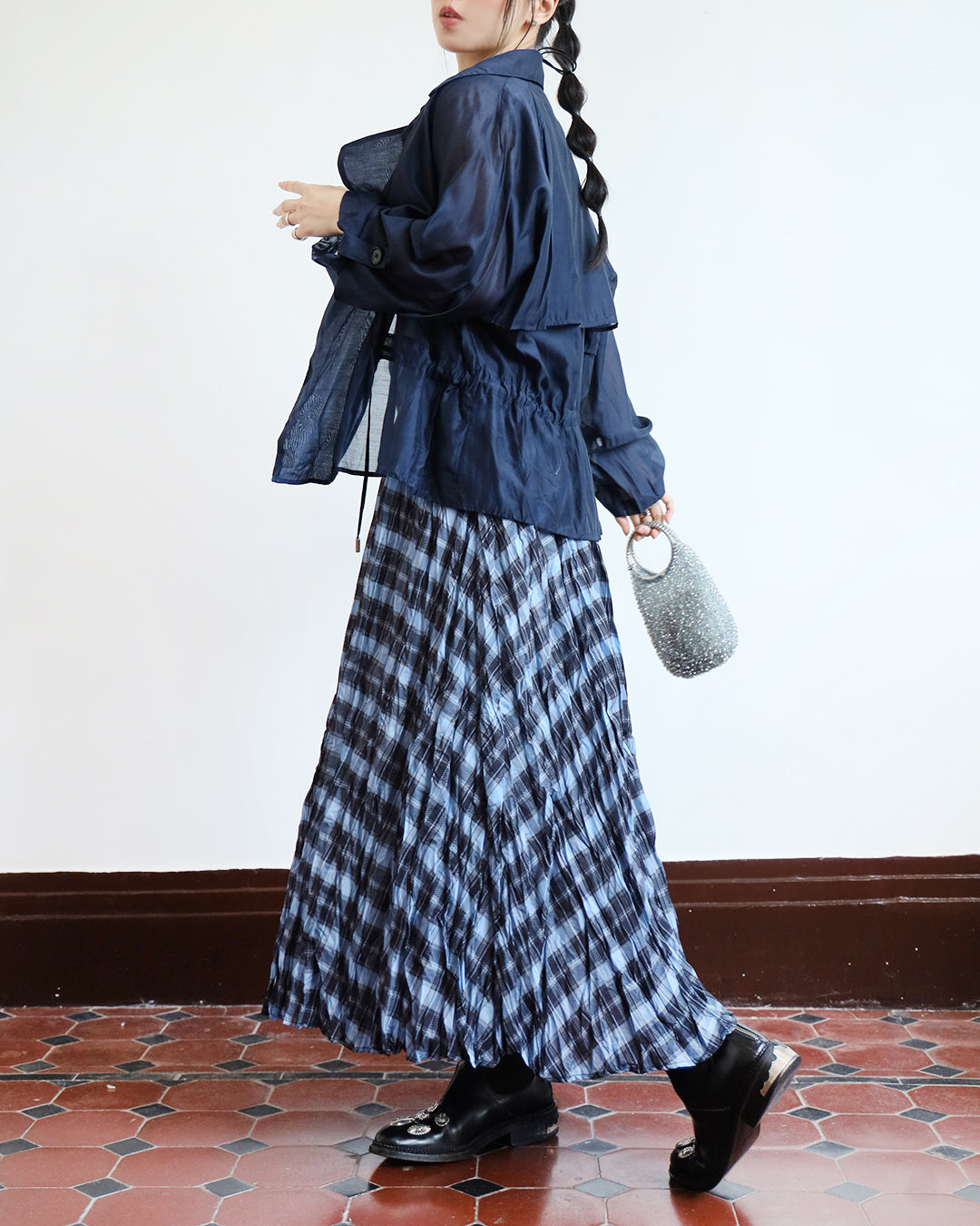 Neon Checker Pleated Skirt