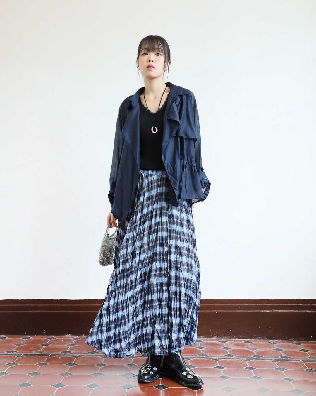 Neon Checker Pleated Skirt