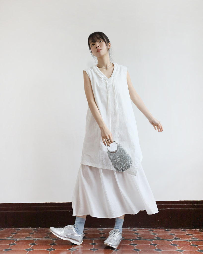 V-Neck Drawstring Layered Dress (2 Colors)