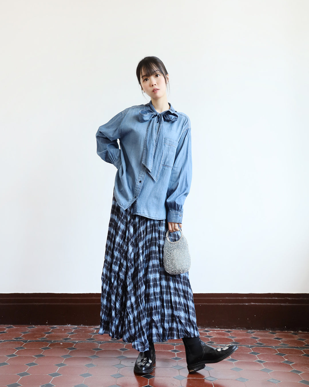 Neon Checker Pleated Skirt