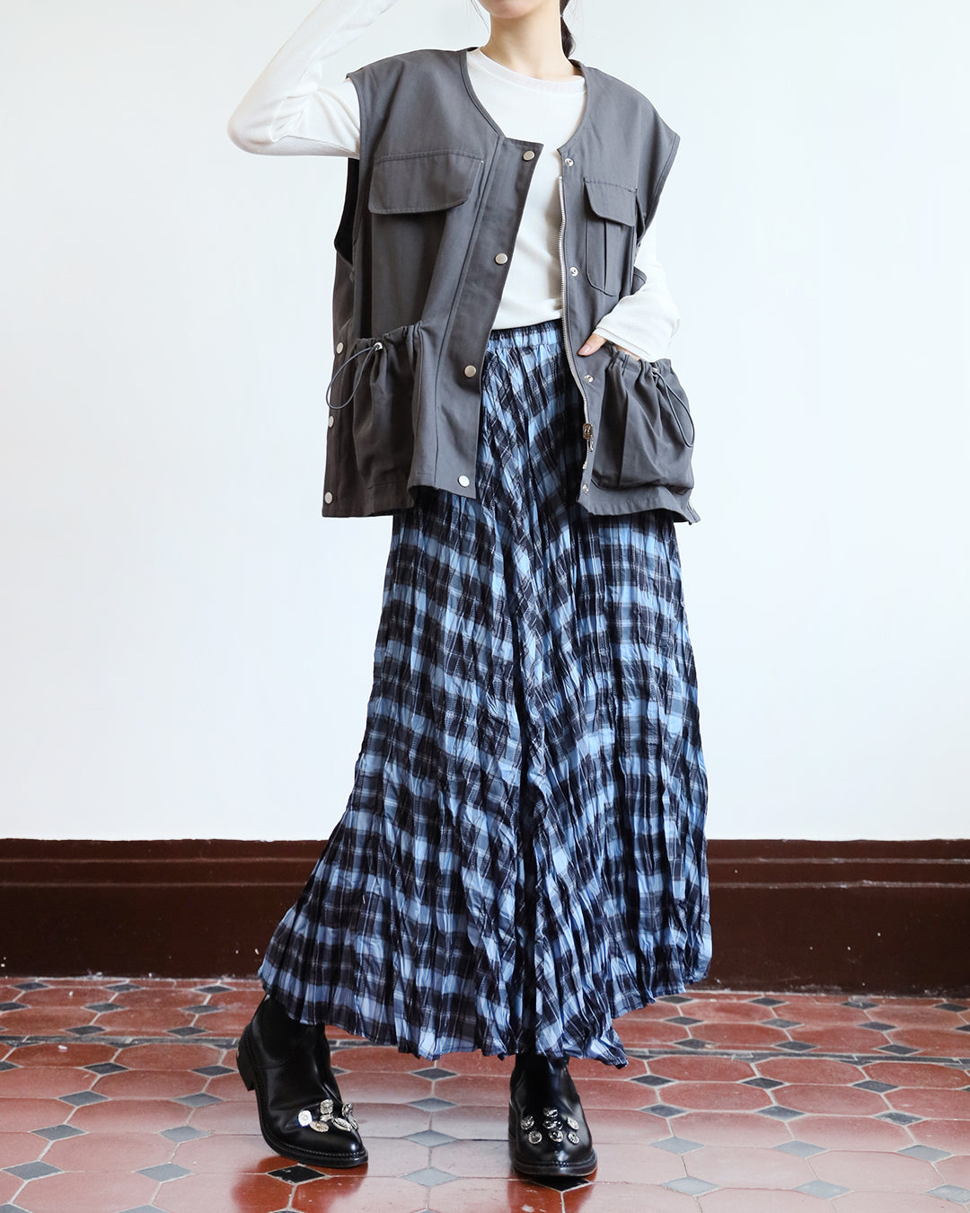 Neon Checker Pleated Skirt