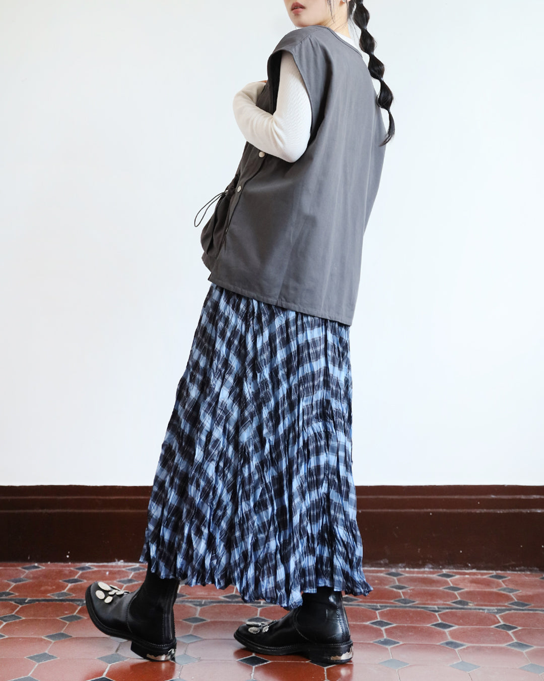 Neon Checker Pleated Skirt