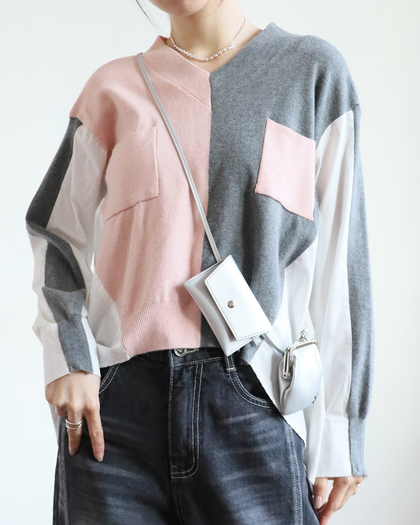 Color Block Knit Top w/ Shirt Back