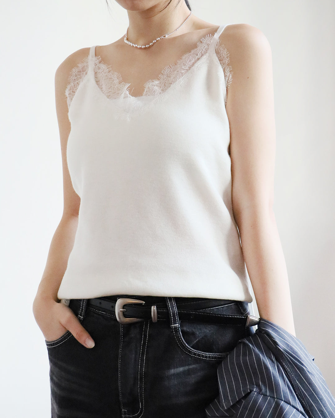 Lace Trim Knit Cami Top (2 Color)