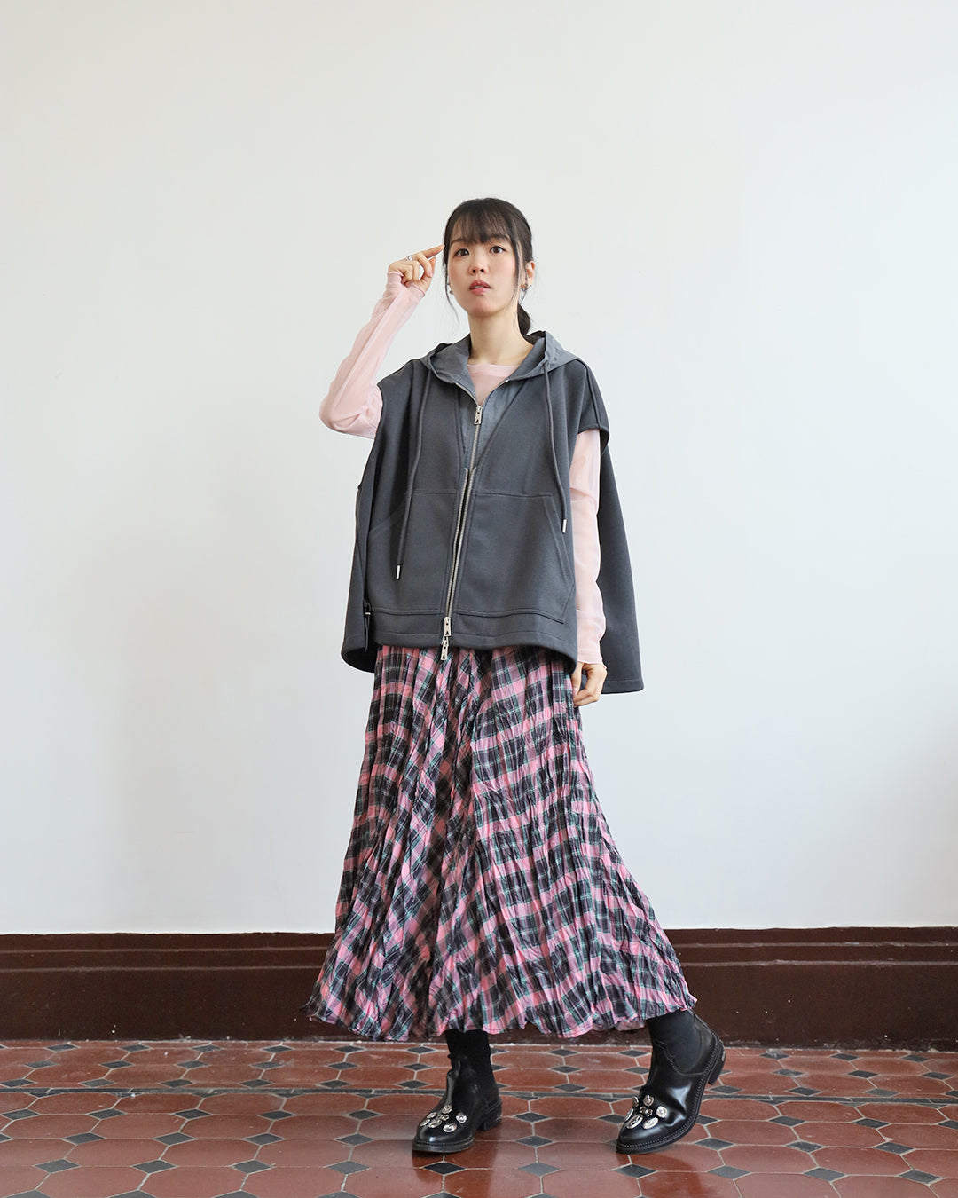 Neon Checker Pleated Skirt
