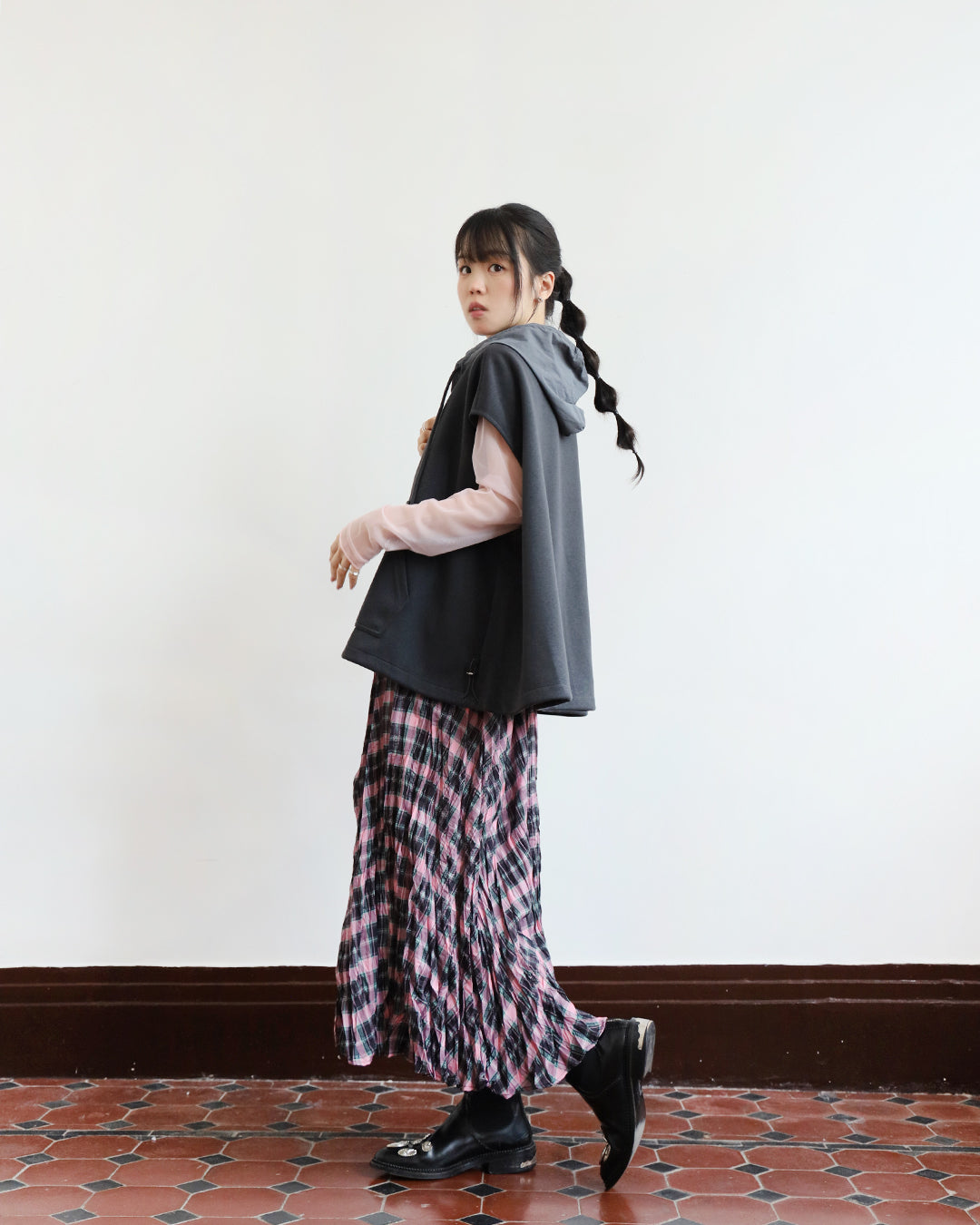 Neon Checker Pleated Skirt