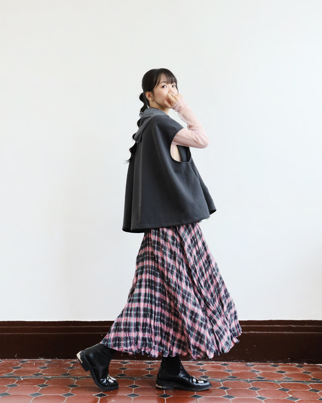 Neon Checker Pleated Skirt