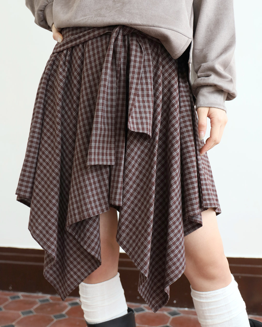 Tie Waist Checker Skirt (2 color)