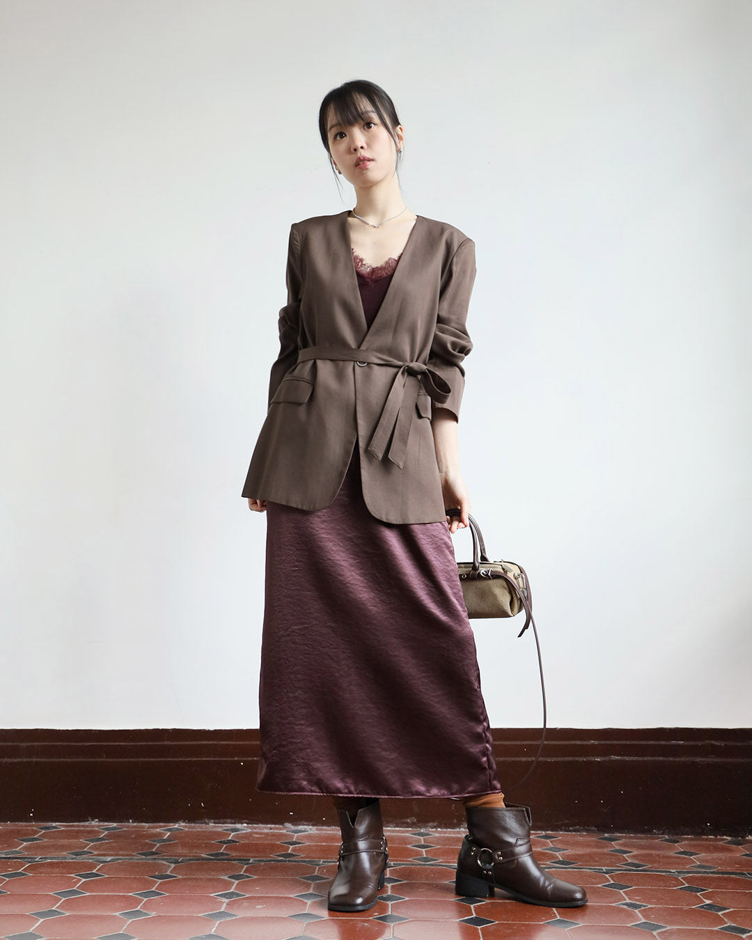 Collarless Blazer w/ Belt (2 Colors)