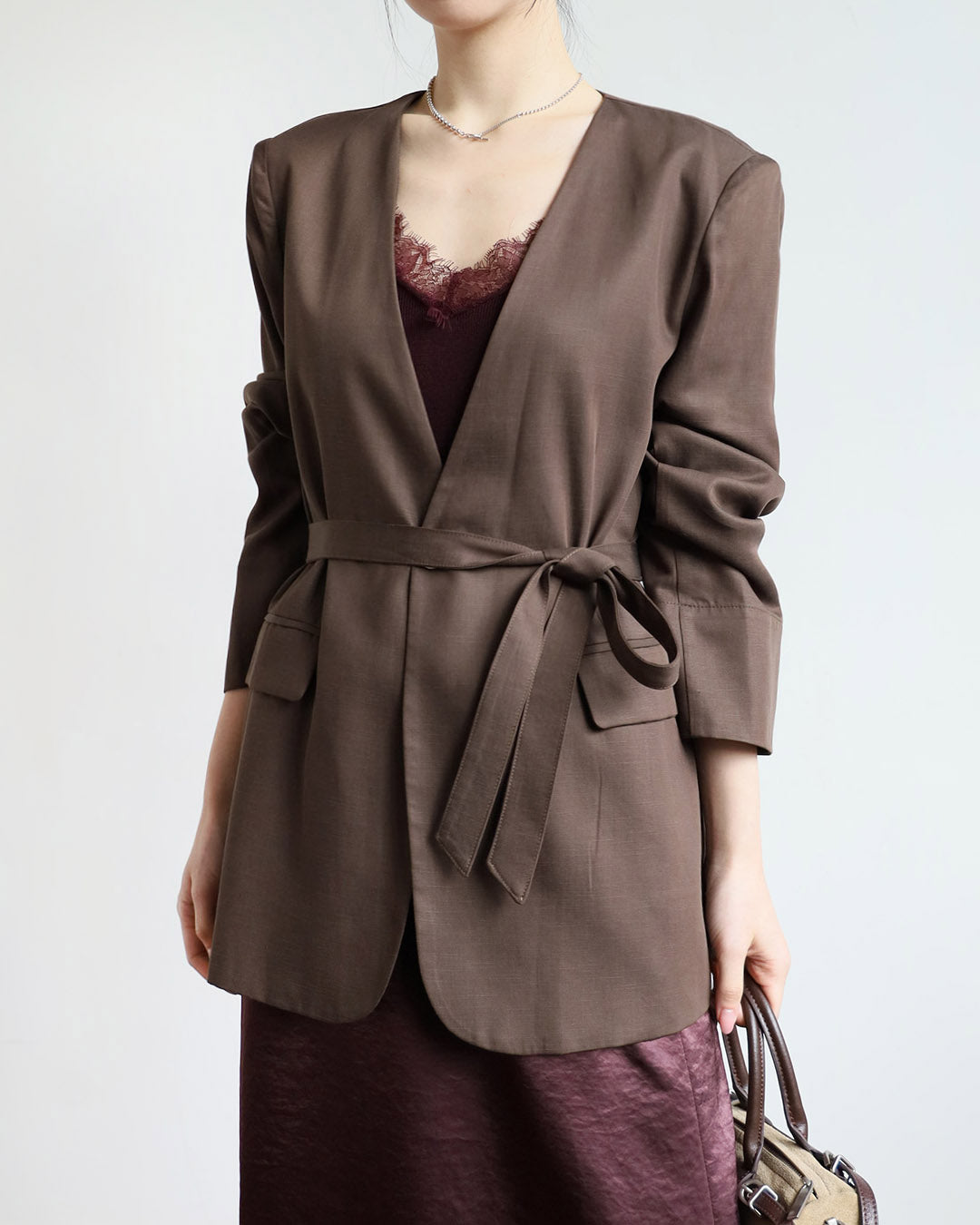 Collarless Blazer w/ Belt (2 Colors)