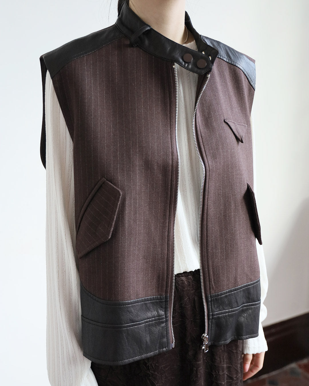 Faux Leather Inserted Pinstriped Vest (2 Color)