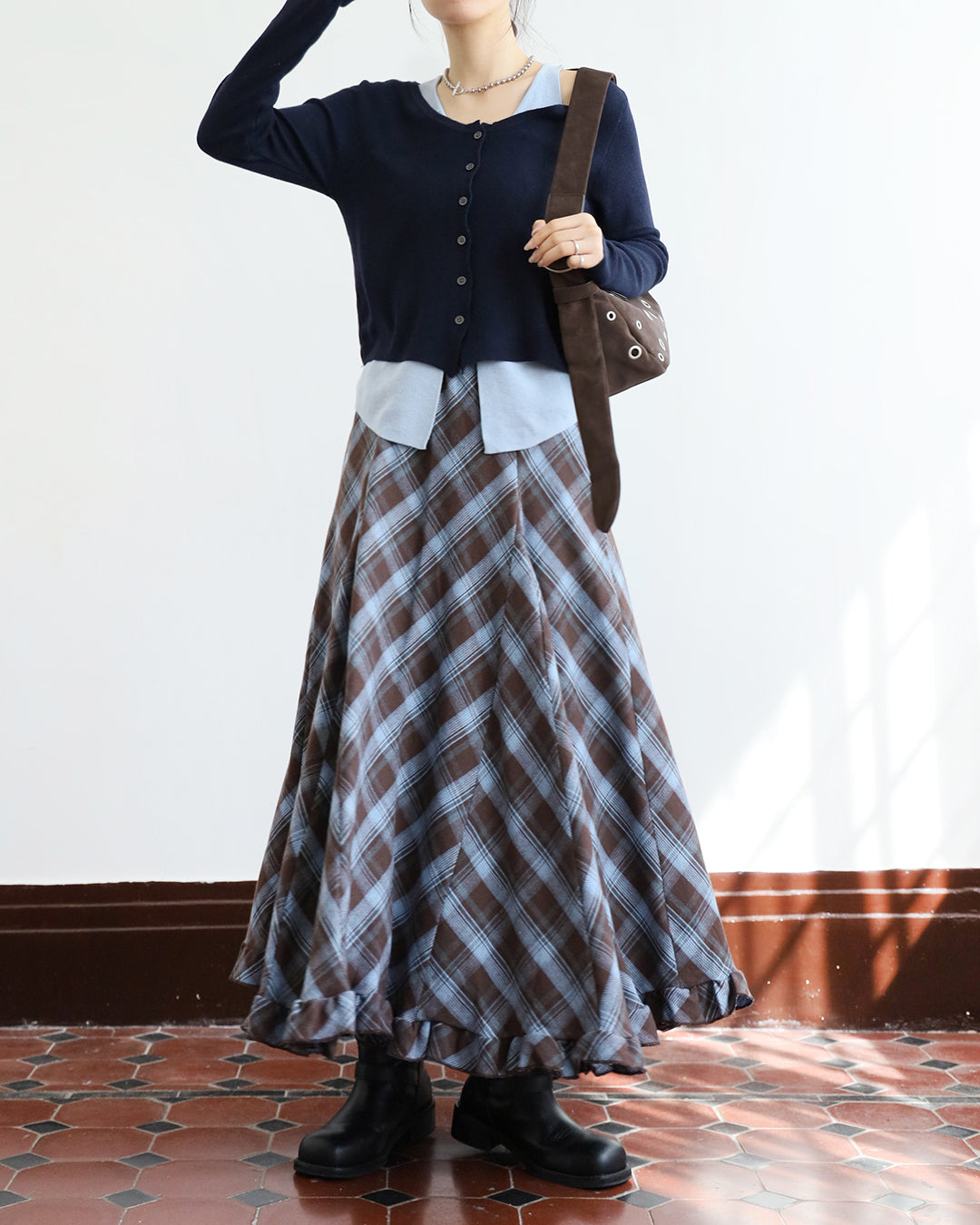 Ruffle Trimmed Checker Skirt (2 color)