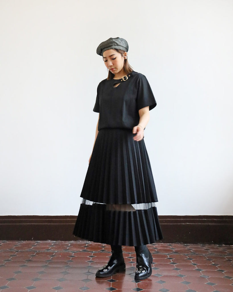 Mesh Insert Pleated Layer Skirt (2-Color)