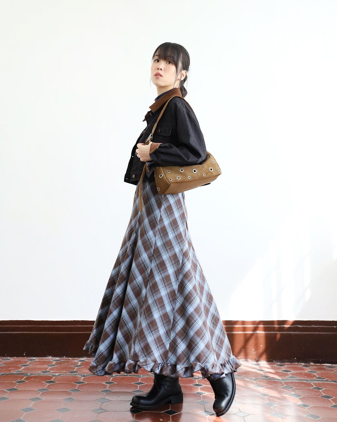 Ruffle Trimmed Checker Skirt (2 color)
