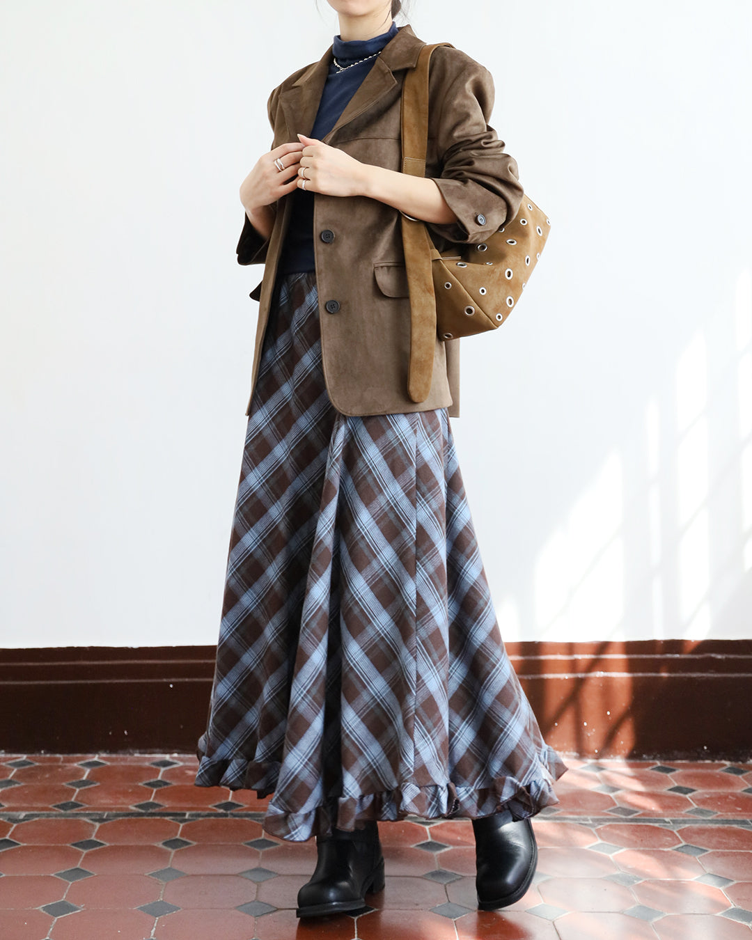 Ruffle Trimmed Checker Skirt (2 color)