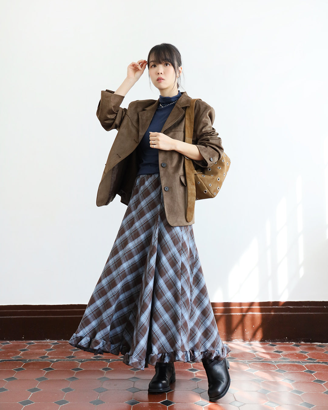 Ruffle Trimmed Checker Skirt (2 color)