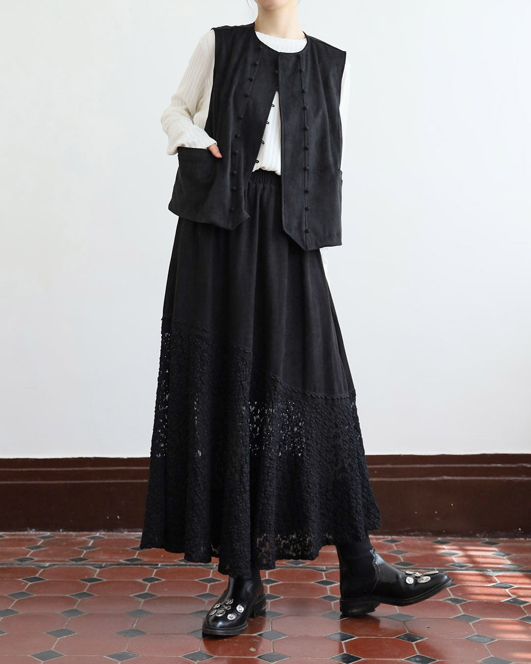 Faux Suede Lace Hem Skirt (2 Colors)