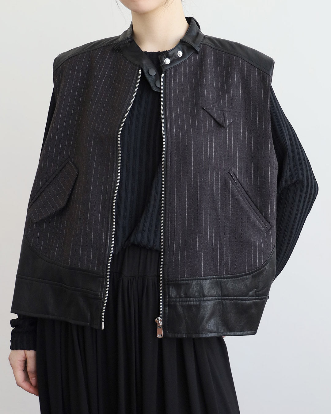 Faux Leather Inserted Pinstriped Vest (2 Color)