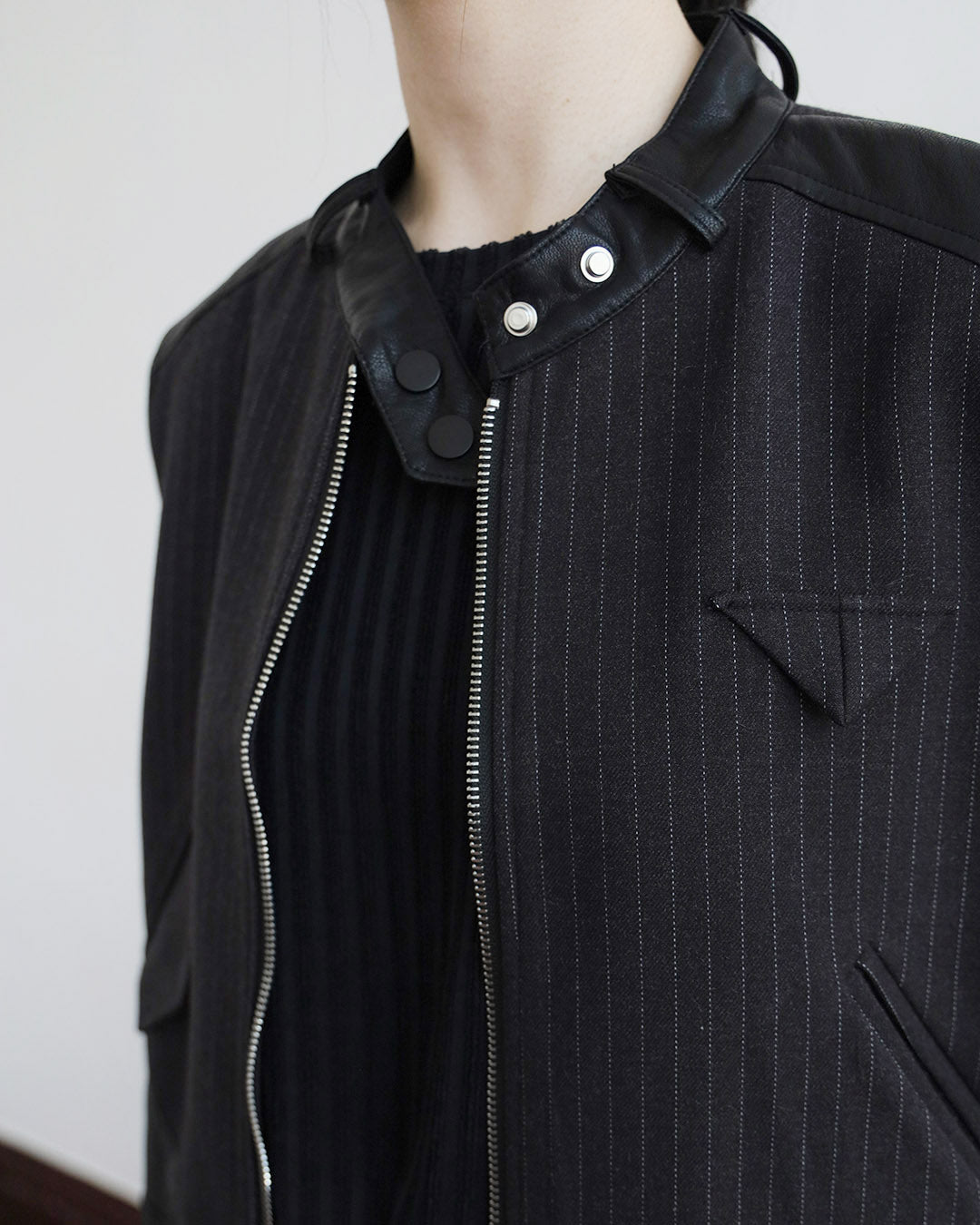 Faux Leather Inserted Pinstriped Vest (2 Color)