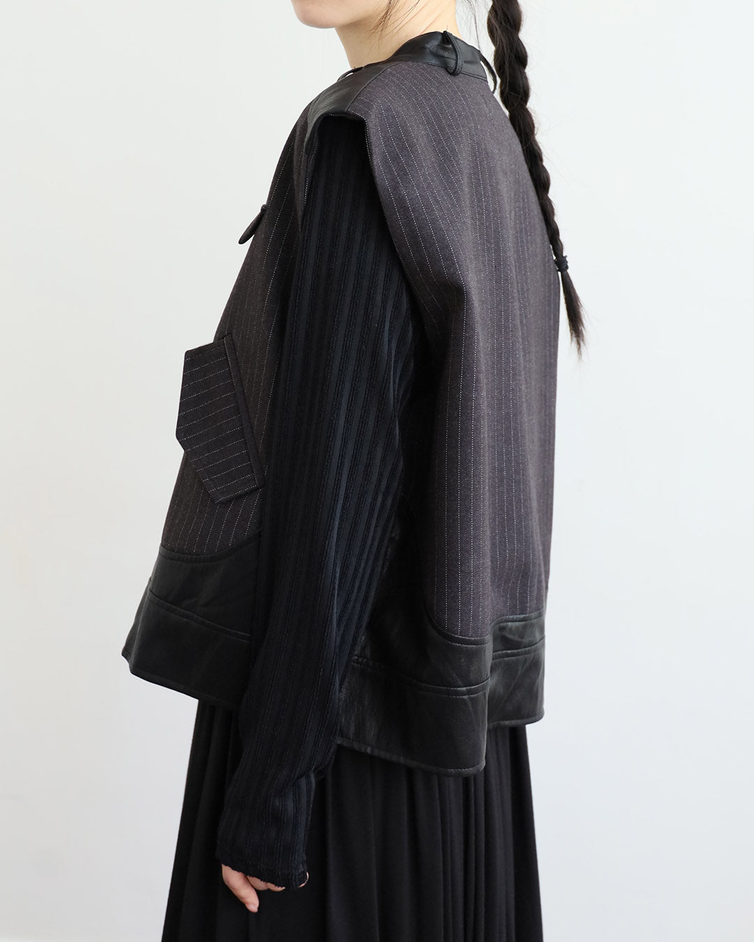 Faux Leather Inserted Pinstriped Vest (2 Color)