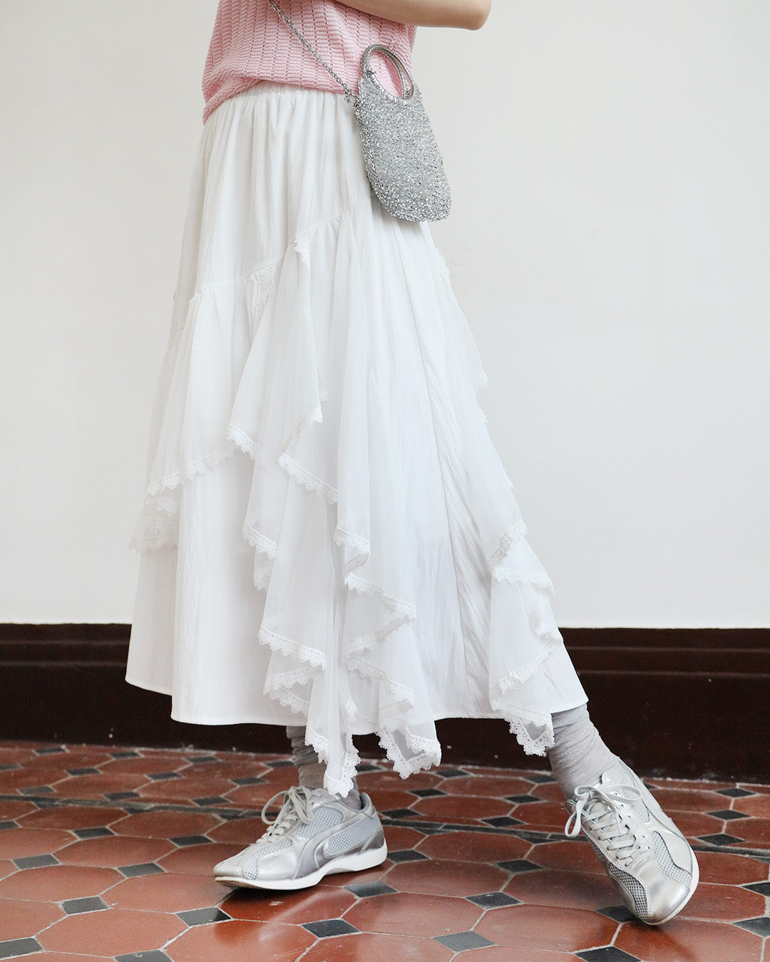 Lace Trim Ruffle Layer Skirt (2 Colors)