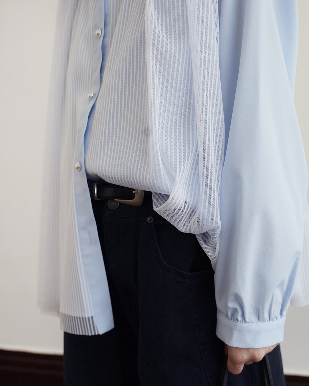 Mesh Layer Pinstriped Shirt (2 Colors)