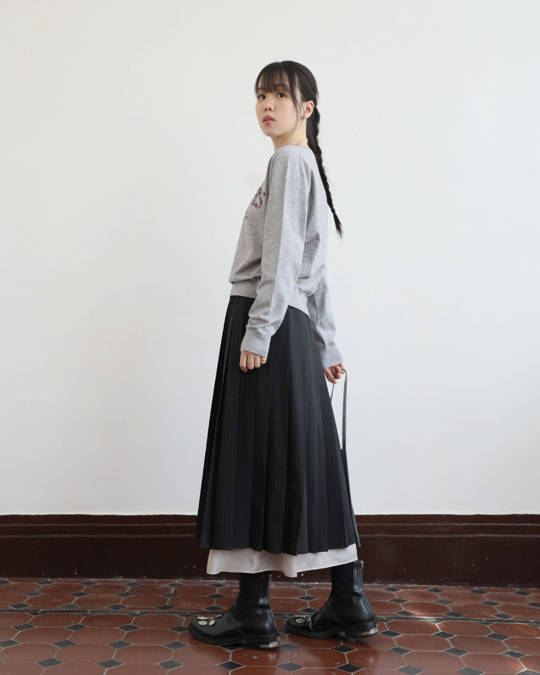 Pinstripe Layer Pleated Skirt